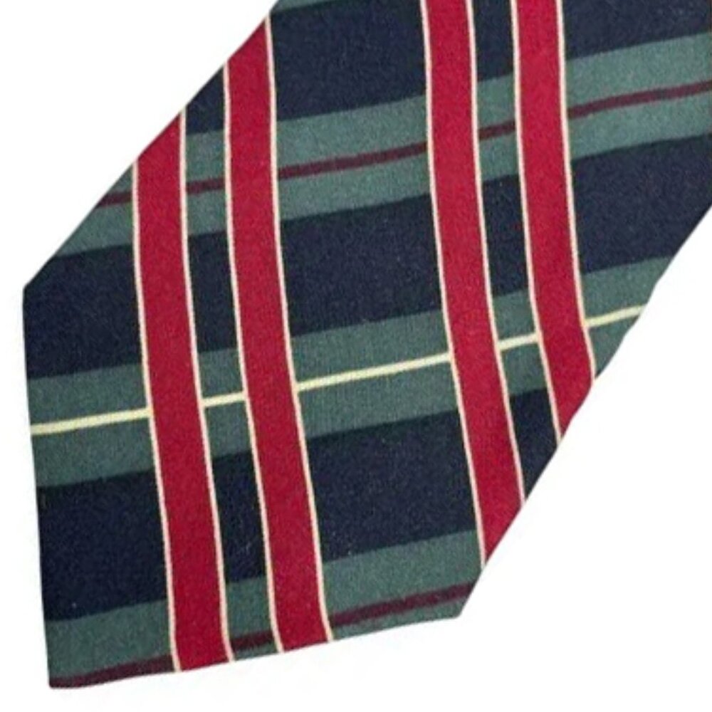 Alfred Sung Silk Tie Green Navy Burgundy Plaid Check Pattern Geometric Classic